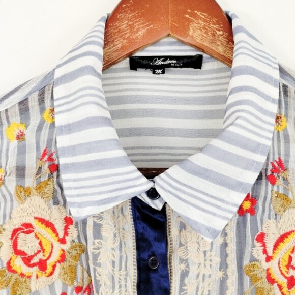 Andree by Unit Button Up Blouse Size Medium Blue Sheer Velvet Trim Embroidered - Picture 2 of 11